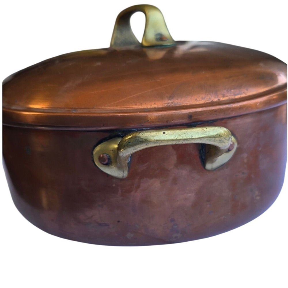 Henry Roessle & Son NY Antique Copper Casserole Pan Tin Lined Brass Handles Lid